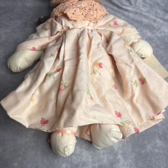 Vintage Handmade Rag Doll Pink Peach Floral Dress Crochet Shawl Brown Hat READ - Picture 8 of 9
